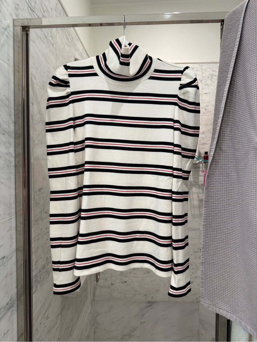 VB Striped Turtleneck Long-Sleeve Top - White with Black & Red Stripes.